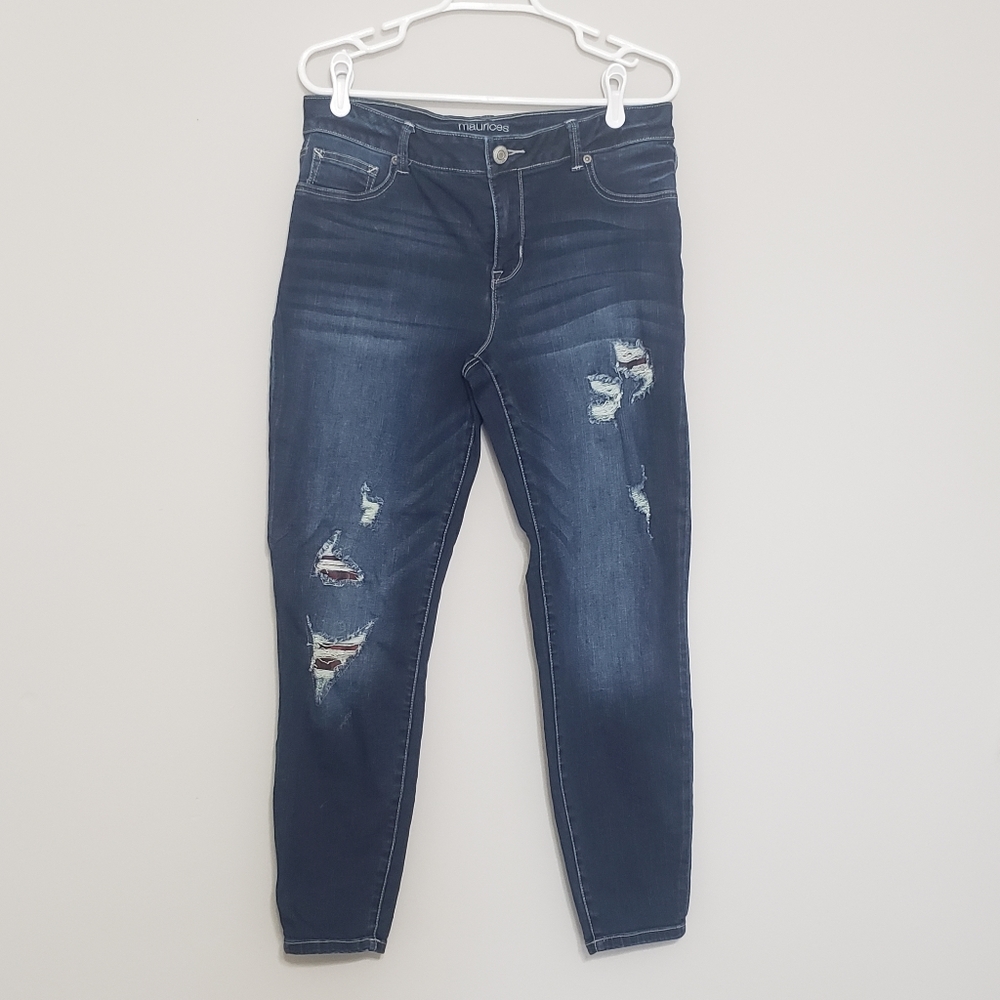 Maurices Distressed Jeans with Plaid Patches LS